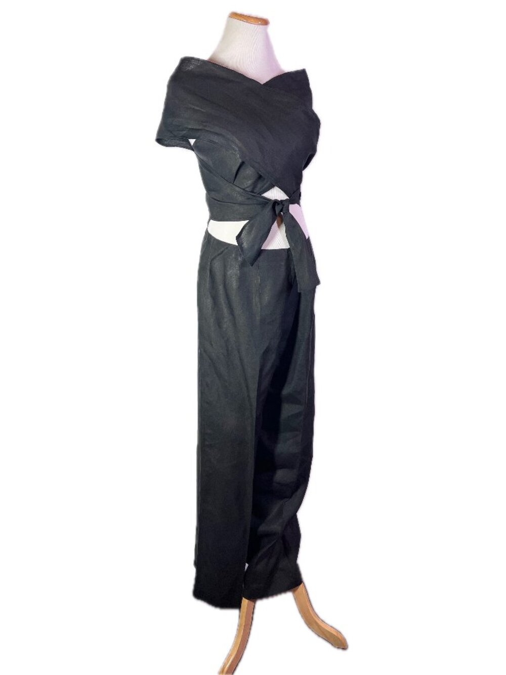 Max Mara US Size 10 Black Linen Jumpsuit Wrap Tie Bodice